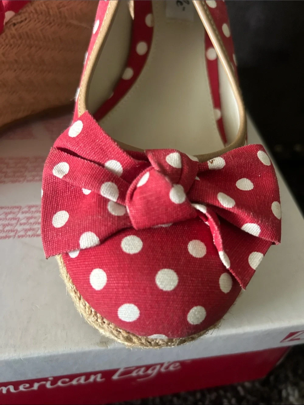 American Eagle Outfitters Red and White Polka Dot Espadrille Wedges